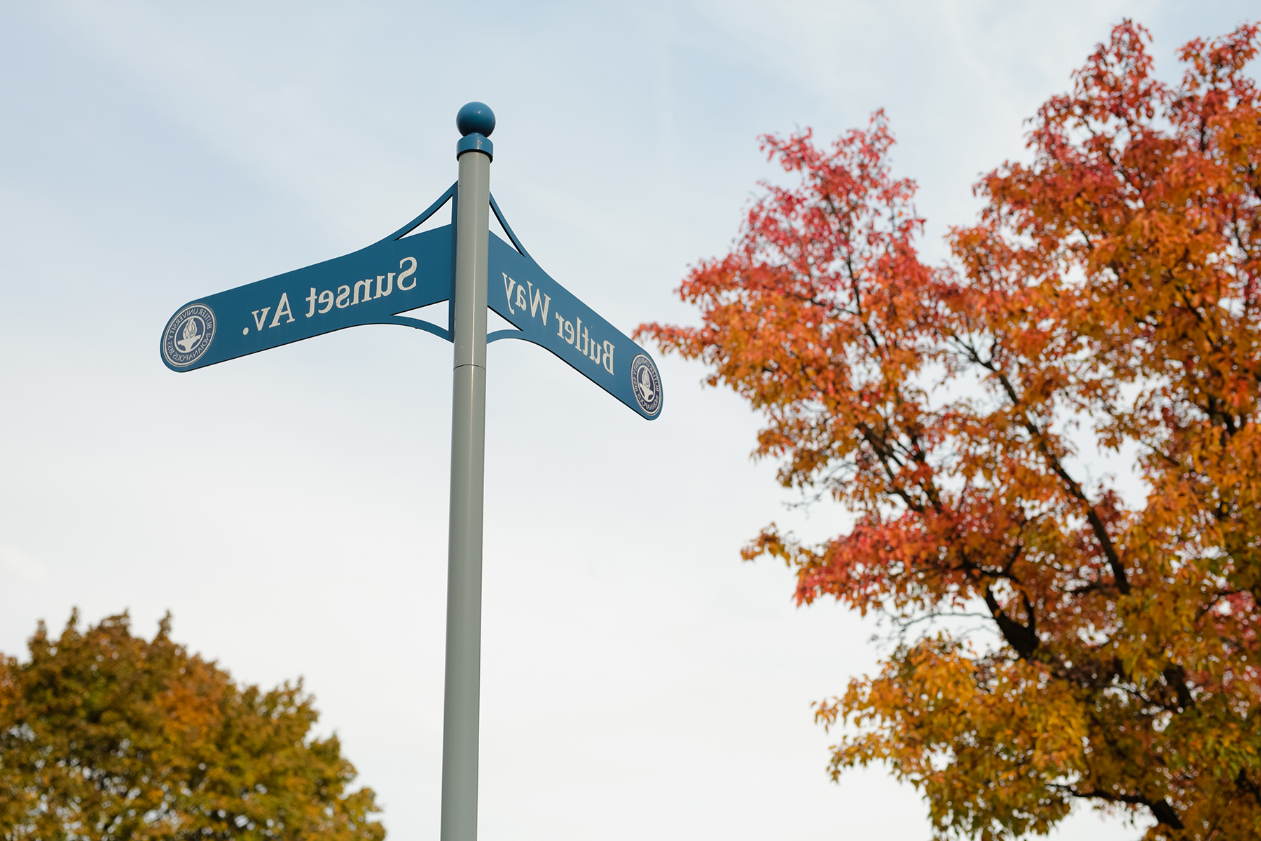 Butler way and Sunset Avenue signs in fall
